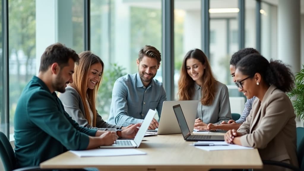 The NewHorizon consulting team collaborating in a bright glass office