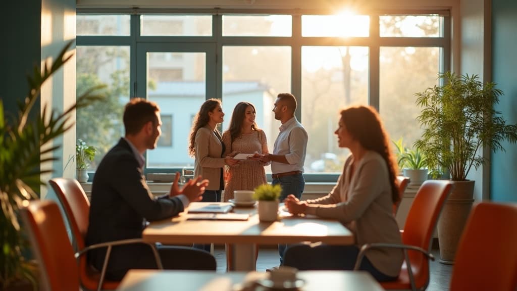 Consultants at NewHorizon welcoming a family in a bright modern office